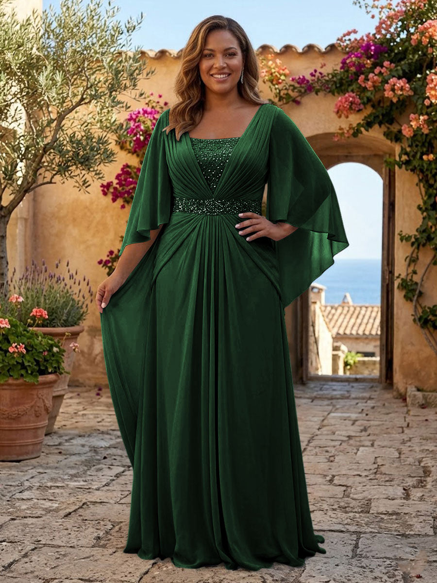 Plus Size Chiffon A-Line/Princess Square Neck Floor-Length Mother of the Bride & Groom Dresses with Pleats