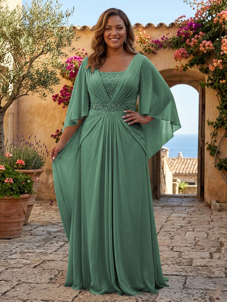 Plus Size Chiffon A-Line/Princess Square Neck Floor-Length Mother of the Bride & Groom Dresses with Pleats
