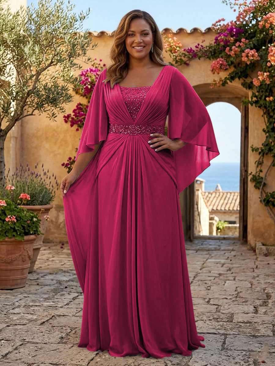 Plus Size Chiffon A-Line/Princess Square Neck Floor-Length Mother of the Bride & Groom Dresses with Pleats