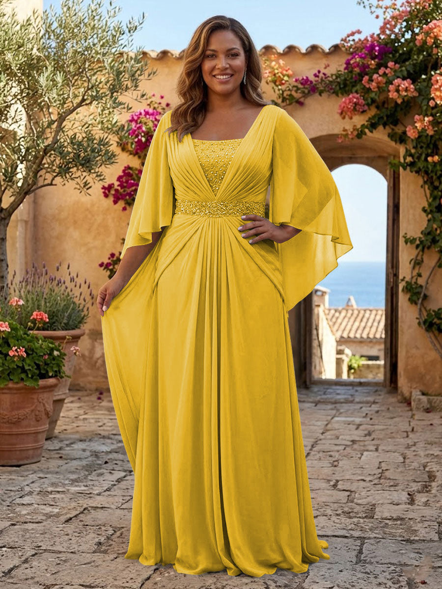 Plus Size Chiffon A-Line/Princess Square Neck Floor-Length Mother of the Bride & Groom Dresses with Pleats