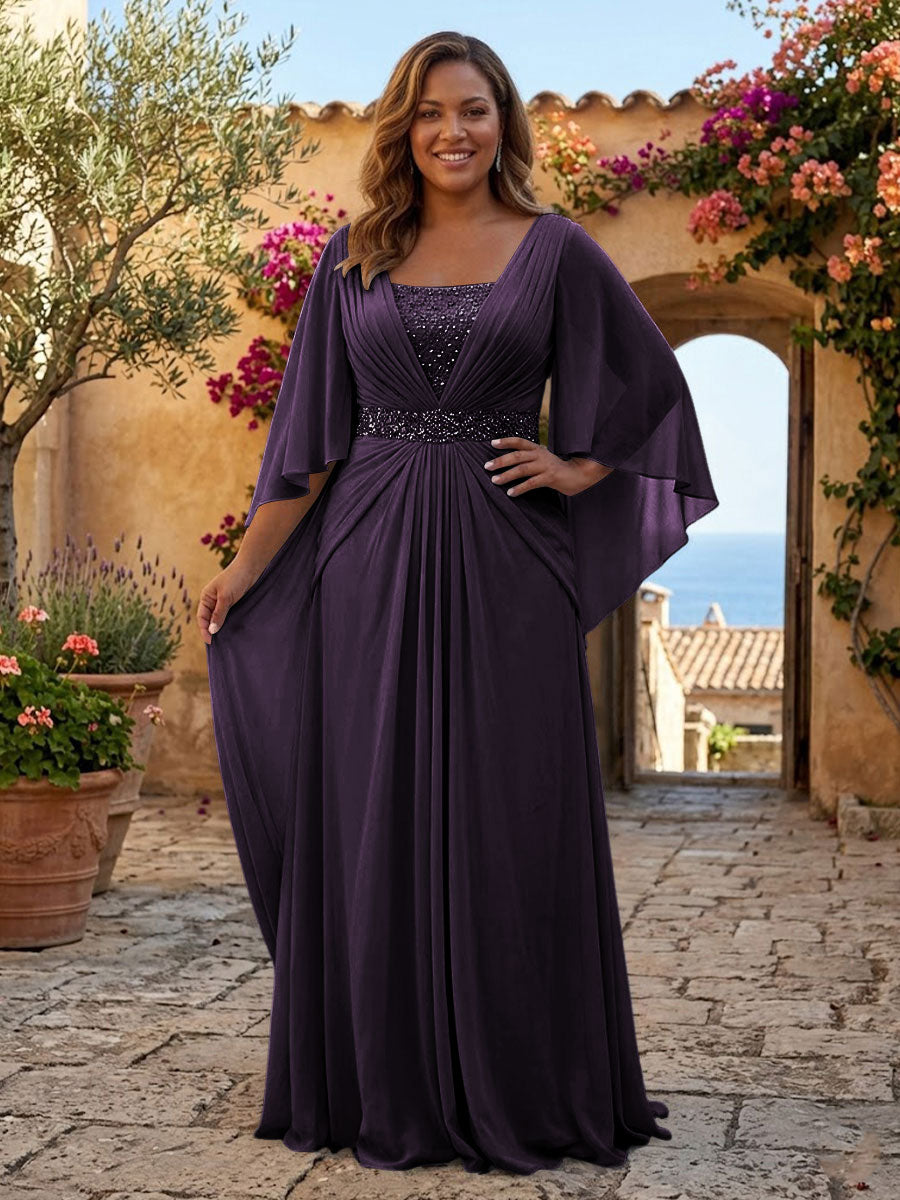 Plus Size Chiffon A-Line/Princess Square Neck Floor-Length Mother of the Bride & Groom Dresses with Pleats