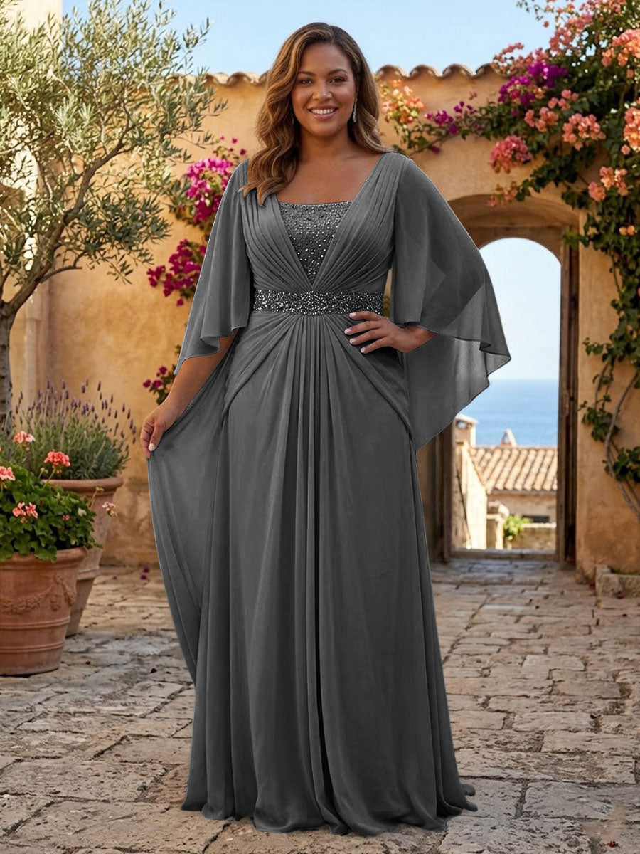 Plus Size Chiffon A-Line/Princess Square Neck Floor-Length Mother of the Bride & Groom Dresses with Pleats
