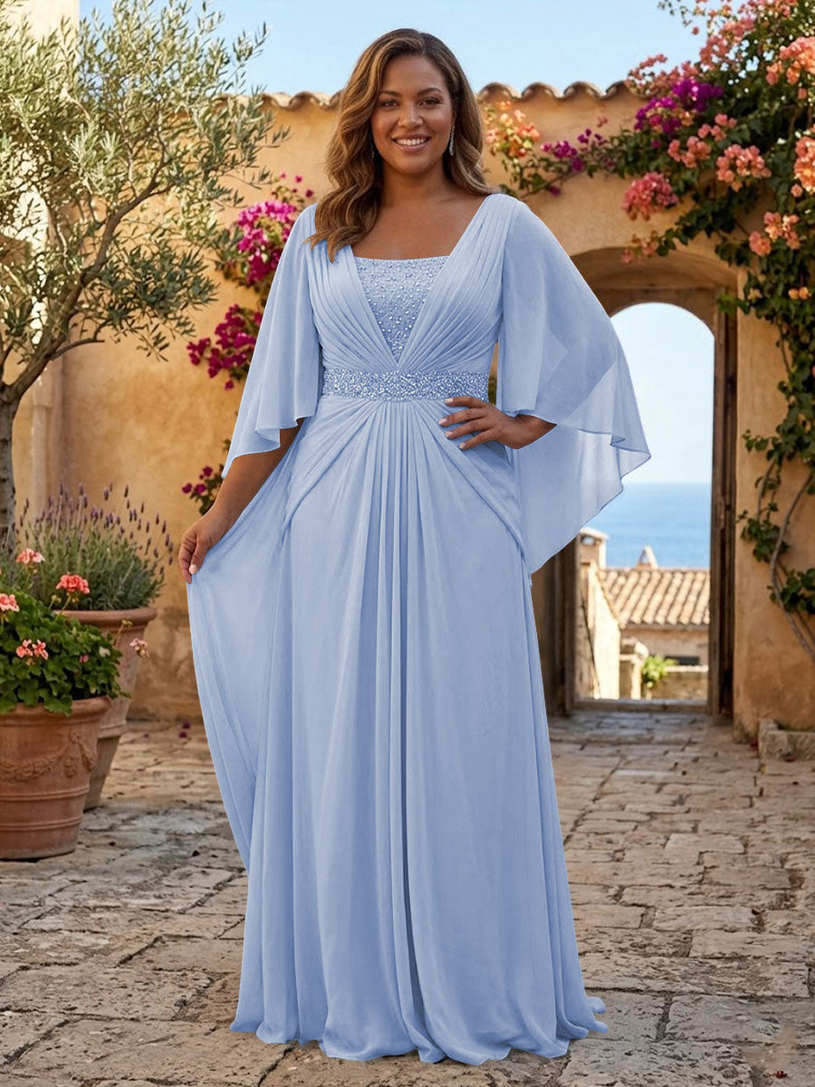 Plus Size Chiffon A-Line/Princess Square Neck Floor-Length Mother of the Bride & Groom Dresses with Pleats