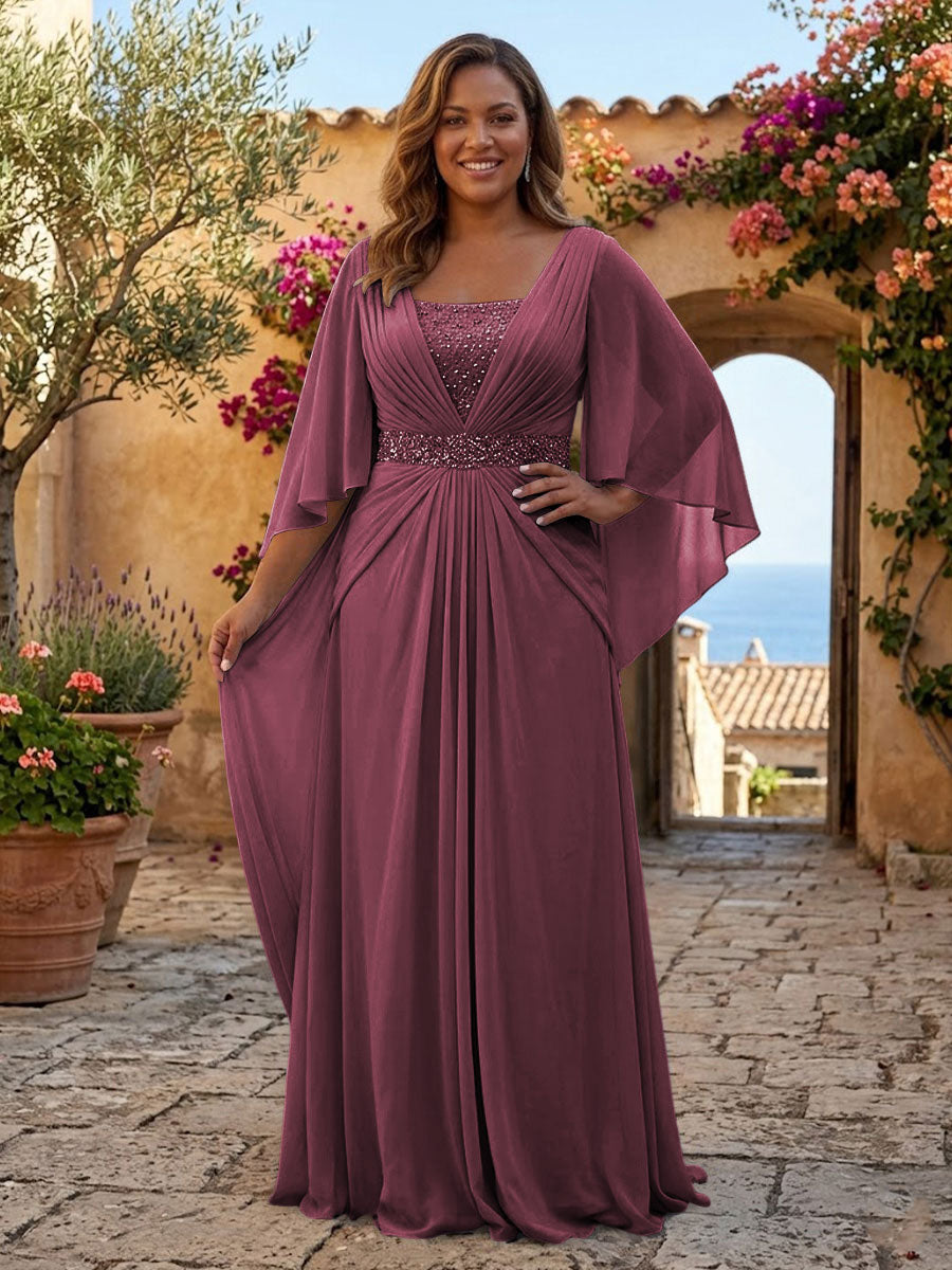 Plus Size Chiffon A-Line/Princess Square Neck Floor-Length Mother of the Bride & Groom Dresses with Pleats