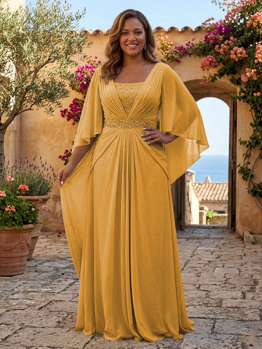Plus Size Chiffon A-Line/Princess Square Neck Floor-Length Mother of the Bride & Groom Dresses with Pleats