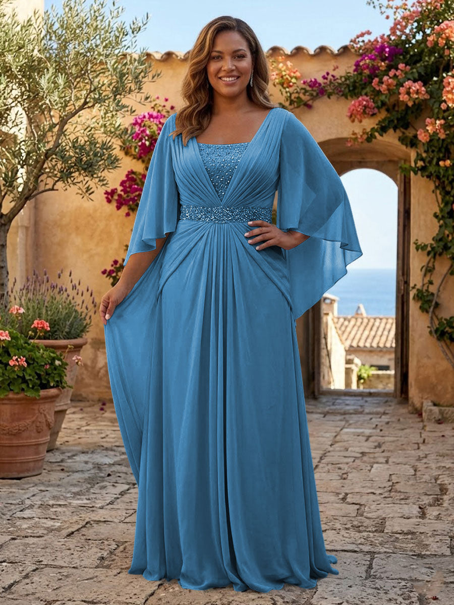 Plus Size Chiffon A-Line/Princess Square Neck Floor-Length Mother of the Bride & Groom Dresses with Pleats