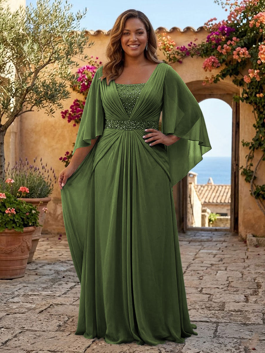 Plus Size Chiffon A-Line/Princess Square Neck Floor-Length Mother of the Bride & Groom Dresses with Pleats