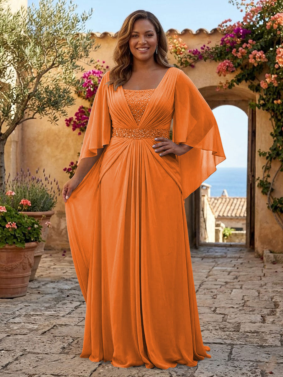 Plus Size Chiffon A-Line/Princess Square Neck Floor-Length Mother of the Bride & Groom Dresses with Pleats