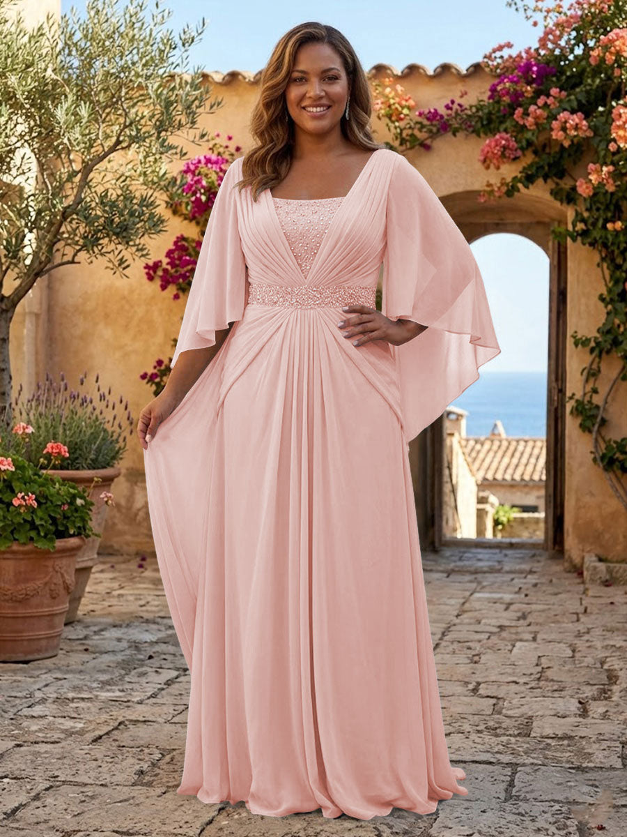Plus Size Chiffon A-Line/Princess Square Neck Floor-Length Mother of the Bride & Groom Dresses with Pleats