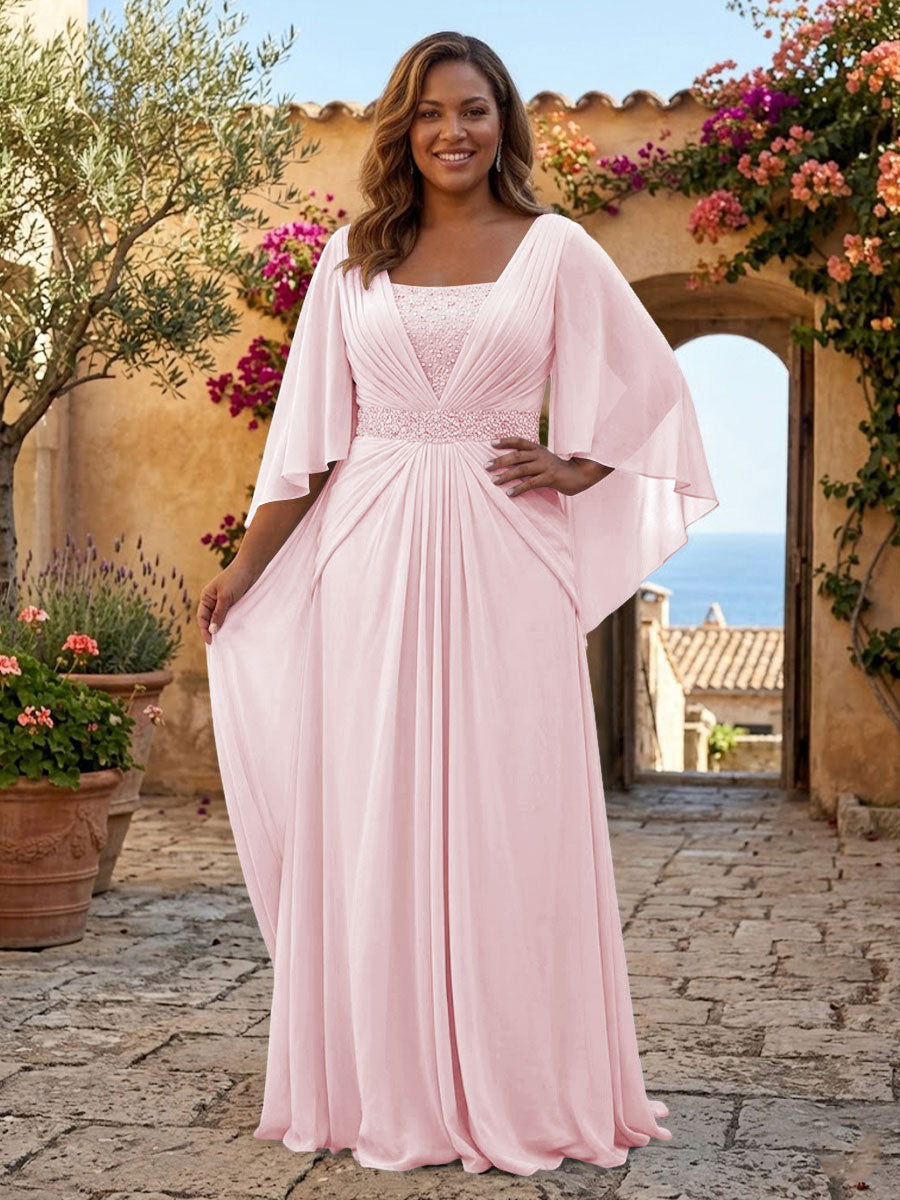 Plus Size Chiffon A-Line/Princess Square Neck Floor-Length Mother of the Bride & Groom Dresses with Pleats