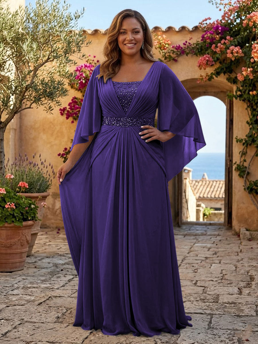Plus Size Chiffon A-Line/Princess Square Neck Floor-Length Mother of the Bride & Groom Dresses with Pleats