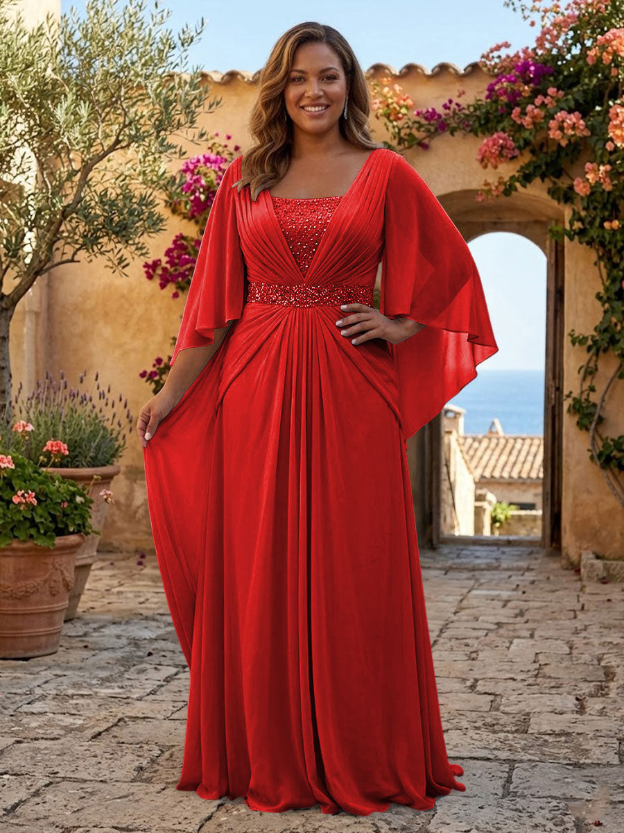 Plus Size Chiffon A-Line/Princess Square Neck Floor-Length Mother of the Bride & Groom Dresses with Pleats