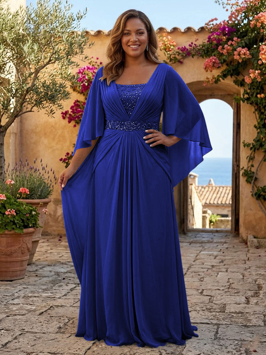 Plus Size Chiffon A-Line/Princess Square Neck Floor-Length Mother of the Bride & Groom Dresses with Pleats