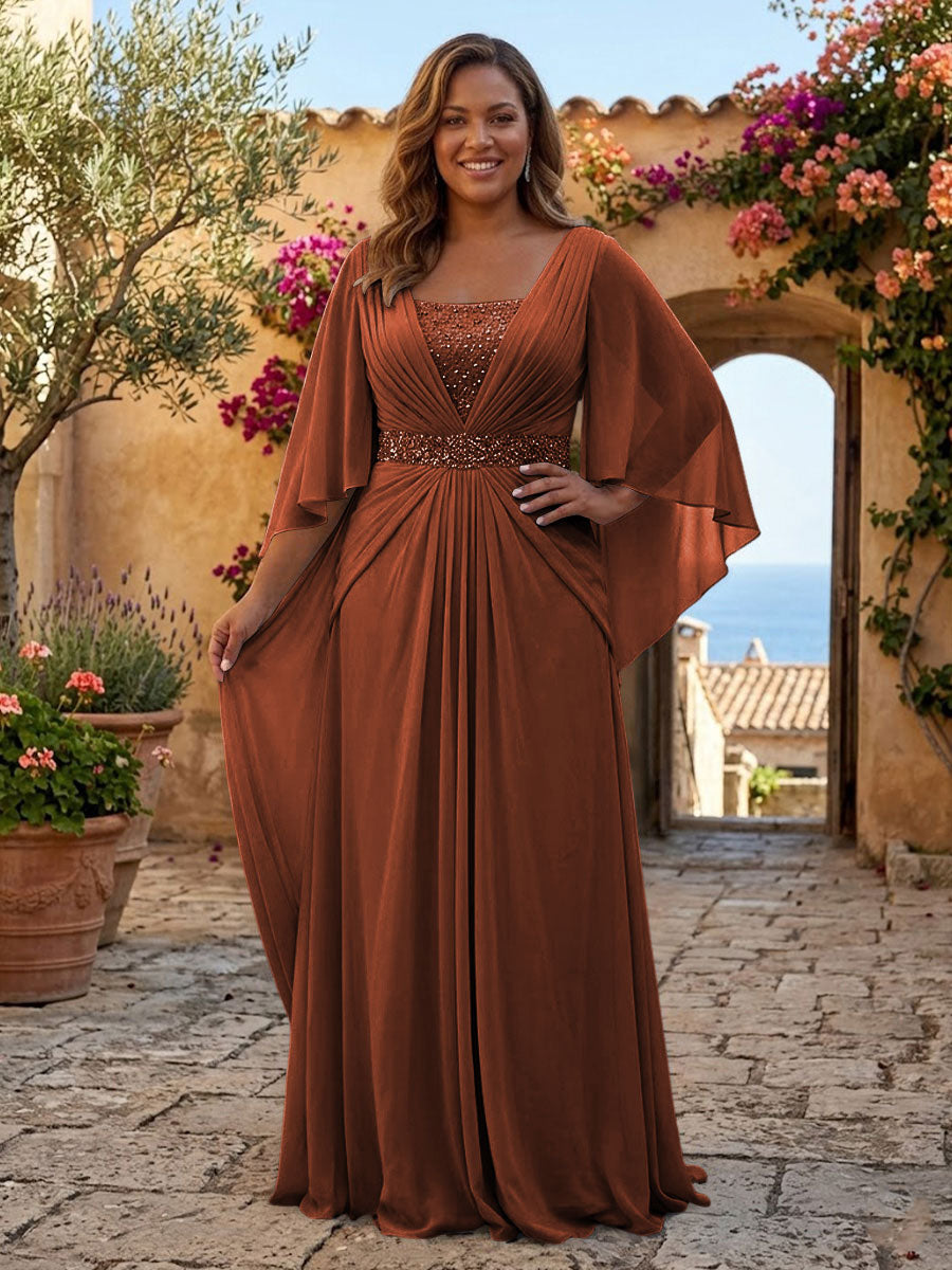 Plus Size Chiffon A-Line/Princess Square Neck Floor-Length Mother of the Bride & Groom Dresses with Pleats