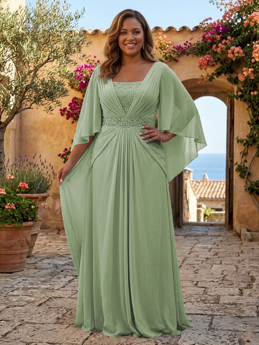 Plus Size Chiffon A-Line/Princess Square Neck Floor-Length Mother of the Bride & Groom Dresses with Pleats