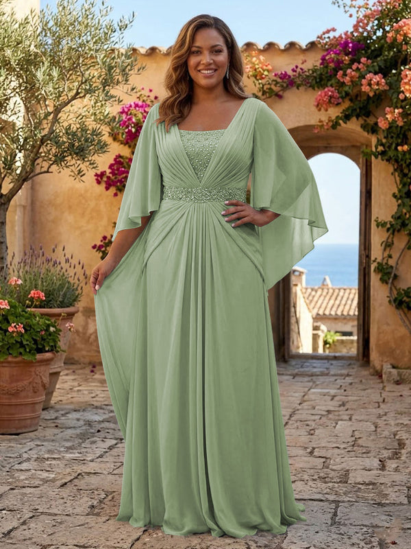 Plus Size Chiffon A-Line/Princess Square Neck Floor-Length Mother of the Bride & Groom Dresses with Pleats