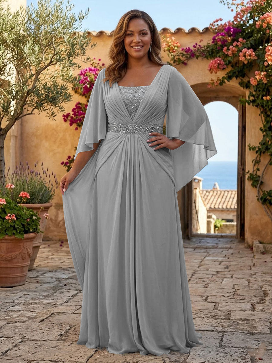 Plus Size Chiffon A-Line/Princess Square Neck Floor-Length Mother of the Bride & Groom Dresses with Pleats