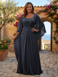 Plus Size Chiffon A-Line/Princess Square Neck Floor-Length Mother of the Bride & Groom Dresses with Pleats