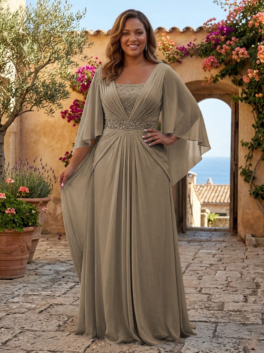 Plus Size Chiffon A-Line/Princess Square Neck Floor-Length Mother of the Bride & Groom Dresses with Pleats