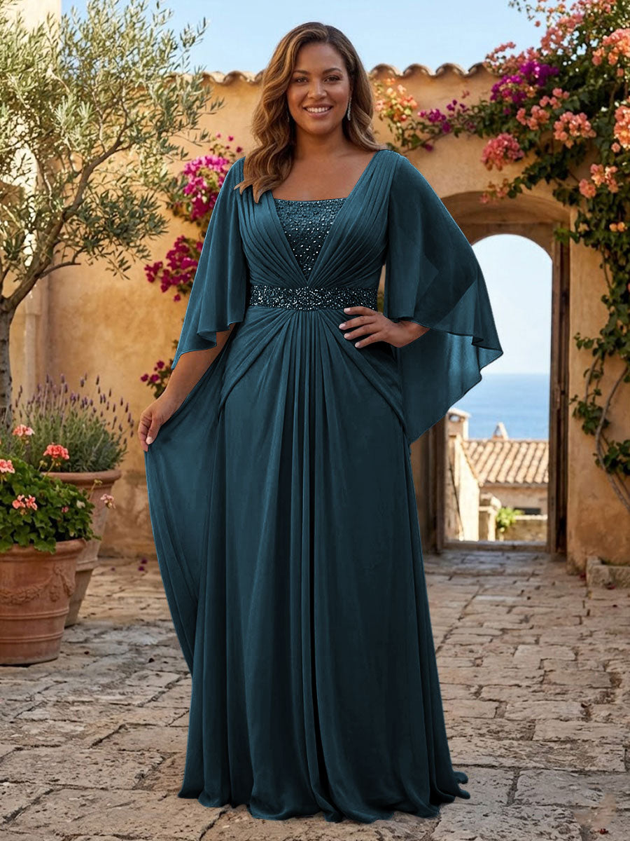 Plus Size Chiffon A-Line/Princess Square Neck Floor-Length Mother of the Bride & Groom Dresses with Pleats