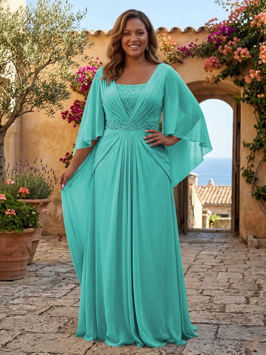 Plus Size Chiffon A-Line/Princess Square Neck Floor-Length Mother of the Bride & Groom Dresses with Pleats