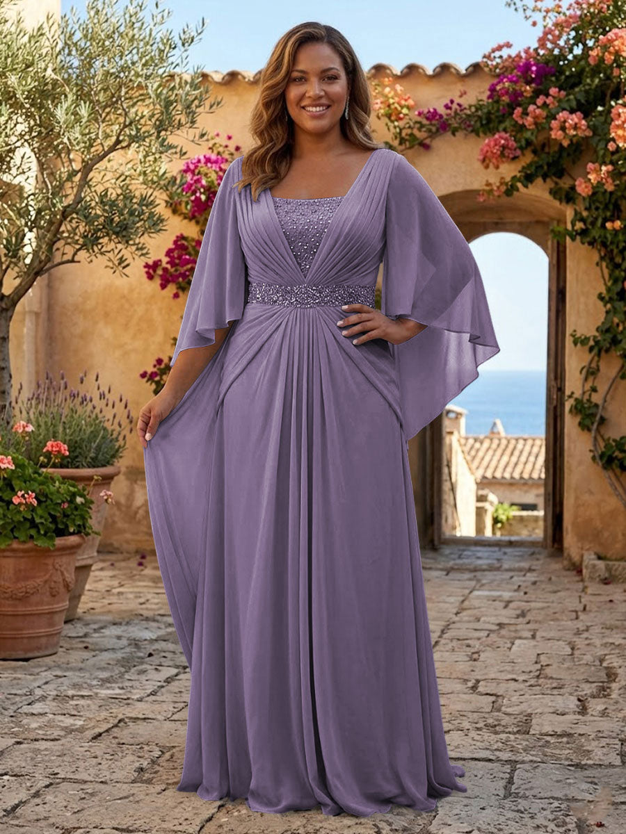 Plus Size Chiffon A-Line/Princess Square Neck Floor-Length Mother of the Bride & Groom Dresses with Pleats