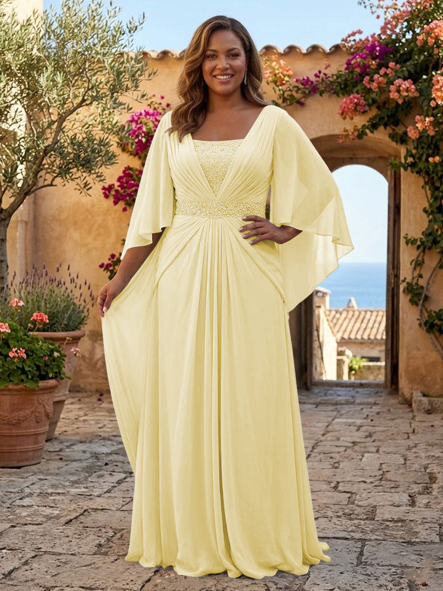 Plus Size Chiffon A-Line/Princess Square Neck Floor-Length Mother of the Bride & Groom Dresses with Pleats