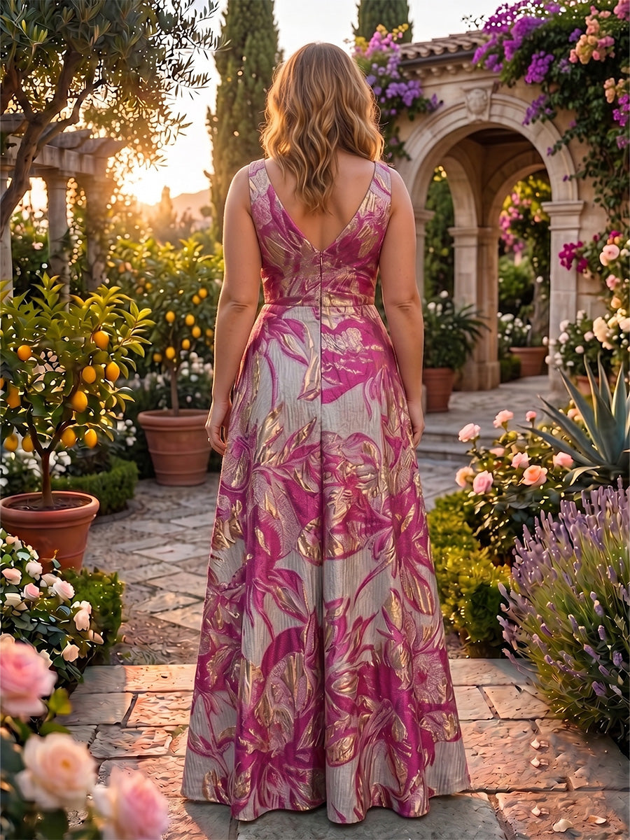 Plus Size Jacquard A-Line/Princess V-Neck Floor-Length Mother of the Bride & Groom Dresses with Ruffles