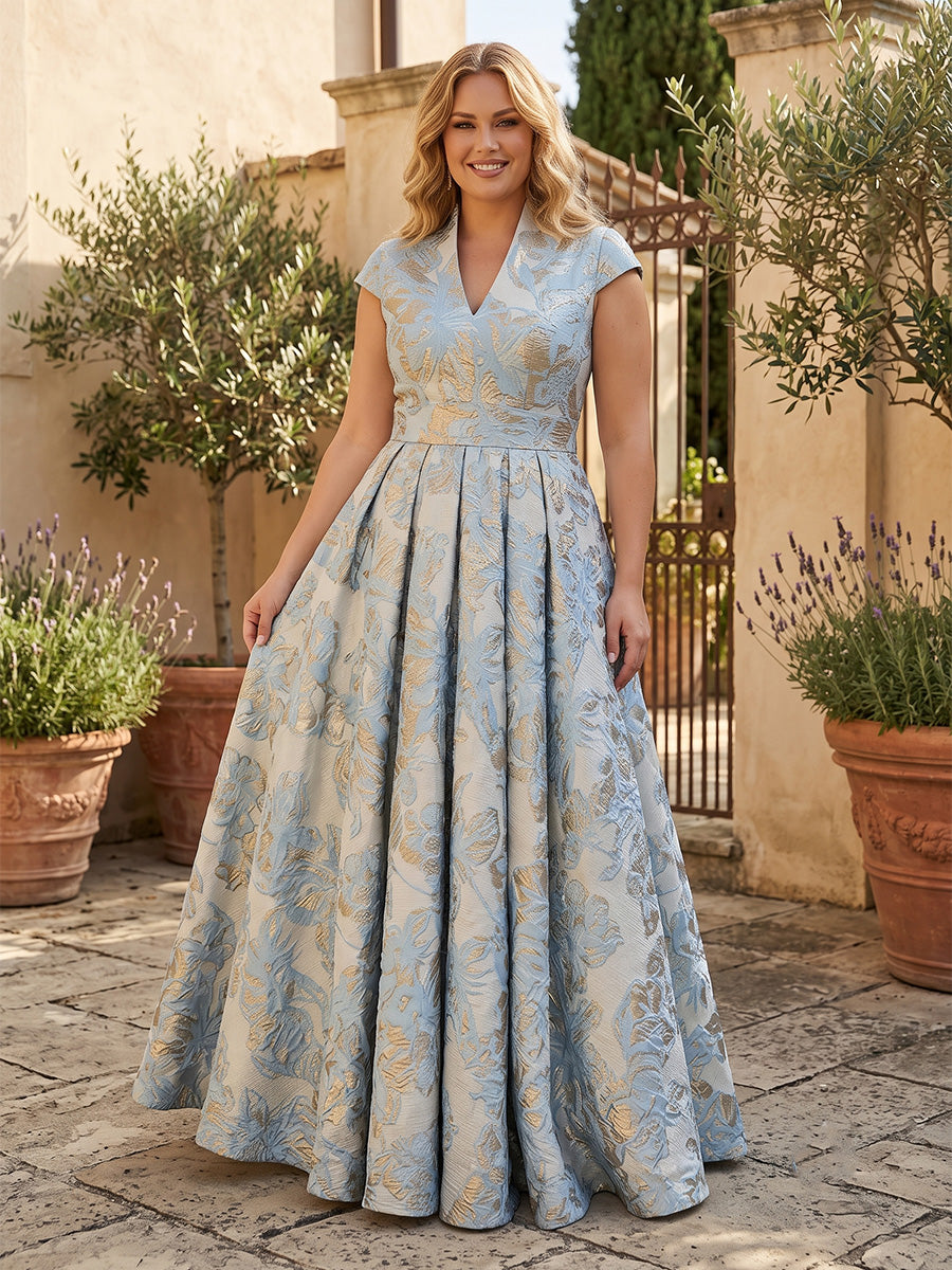Plus Size Jacquard A-Line/Princess V-Neck Floor-Length Mother of the Bride & Groom Dresses with Pleats