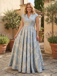 Plus Size Jacquard A-Line/Princess V-Neck Floor-Length Mother of the Bride & Groom Dresses with Pleats