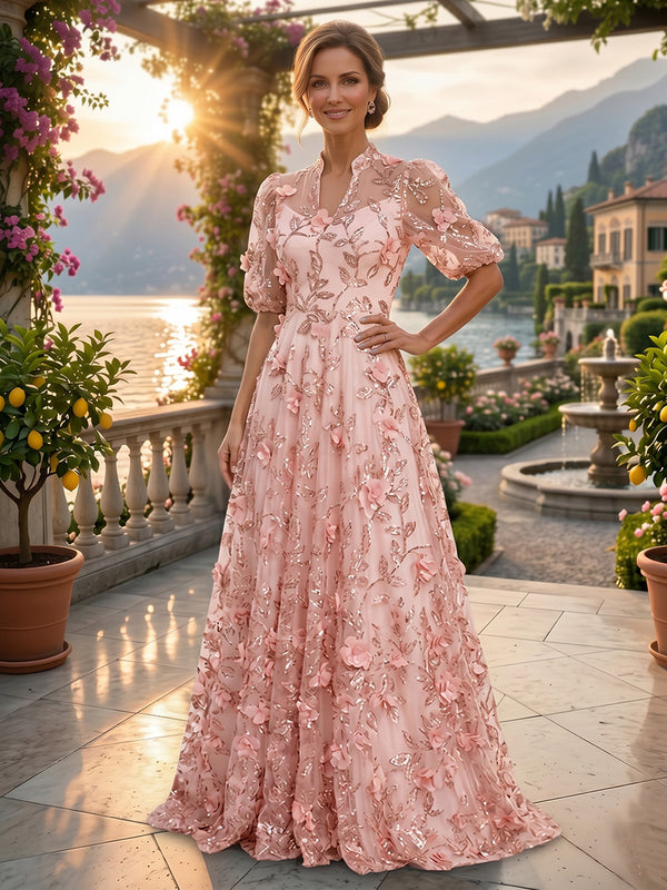 Sequin Floral A-Line/Princess V-Neck Floor-Length Mother of the Bride & Groom Dresses with 3D Flowers & Pleats
