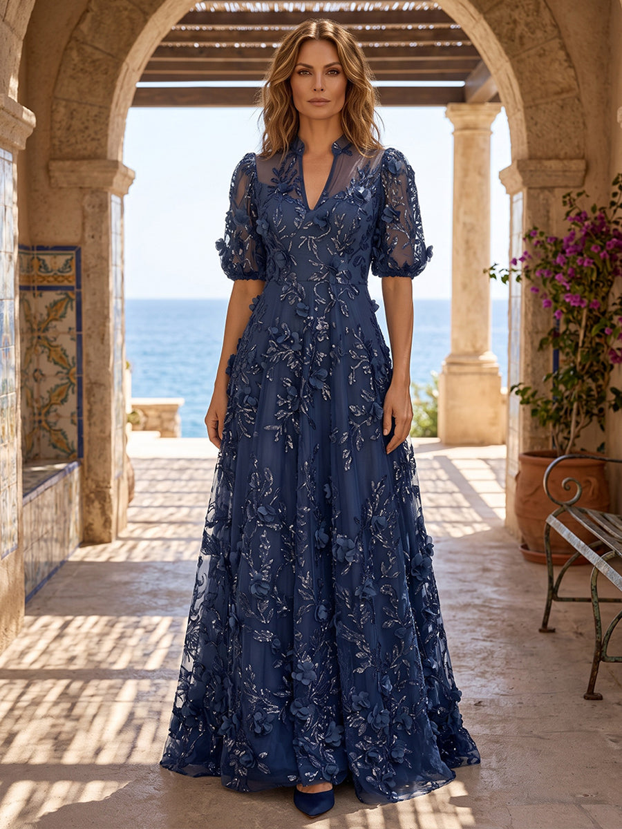 Sequin Floral A-Line/Princess V-Neck Floor-Length Mother of the Bride & Groom Dresses with 3D Flowers & Pleats