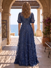 Sequin Floral A-Line/Princess V-Neck Floor-Length Mother of the Bride & Groom Dresses with 3D Flowers & Pleats
