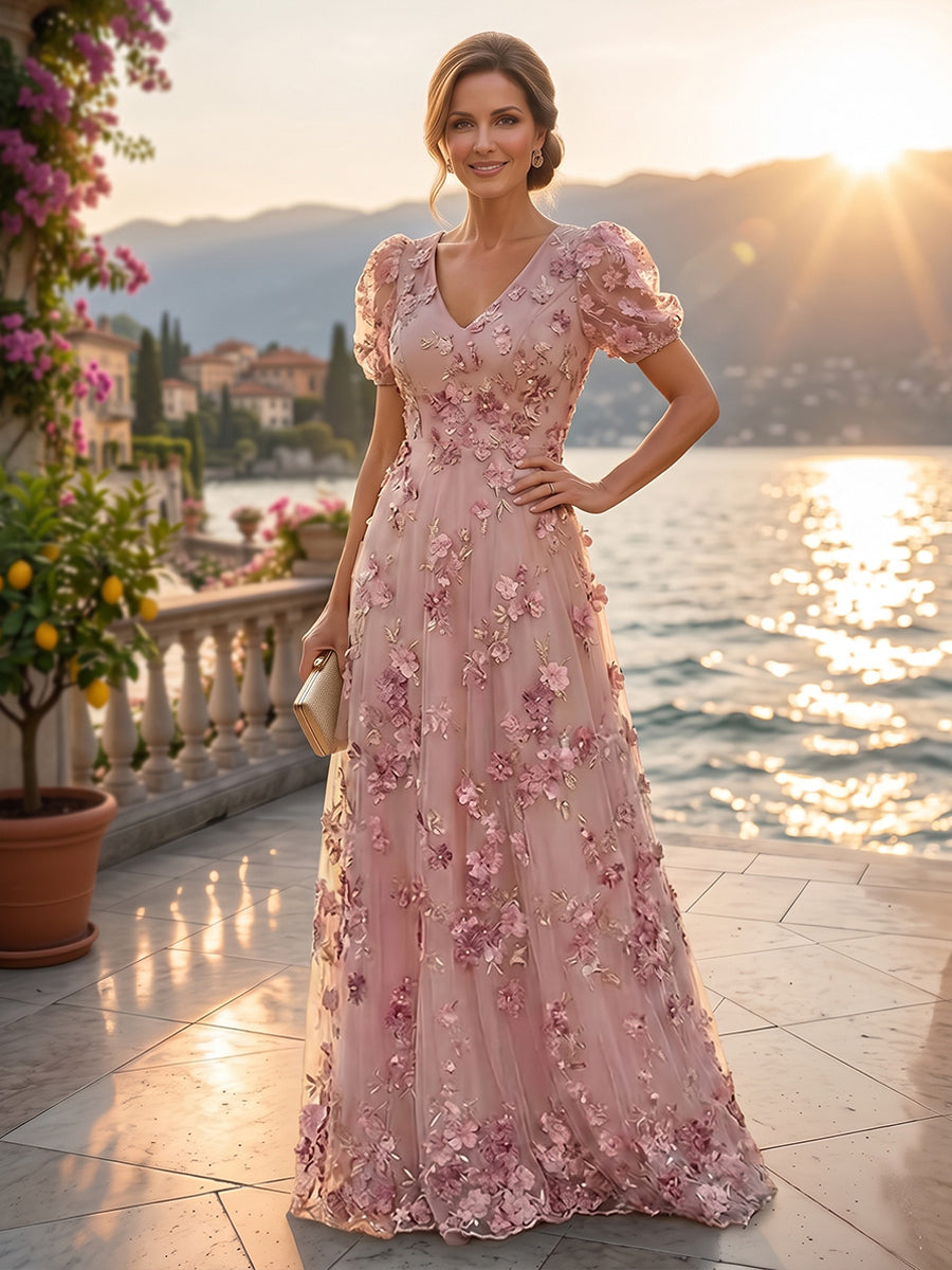Tulle A-Line/Princess V-Neck Floor-Length Mother of the Bride & Groom Dresses with 3D Flowers