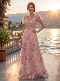 Tulle A-Line/Princess V-Neck Floor-Length Mother of the Bride & Groom Dresses with 3D Flowers