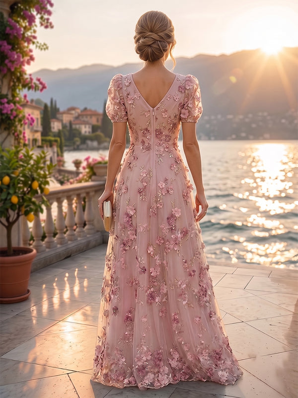 Tulle A-Line/Princess V-Neck Floor-Length Mother of the Bride & Groom Dresses with 3D Flowers