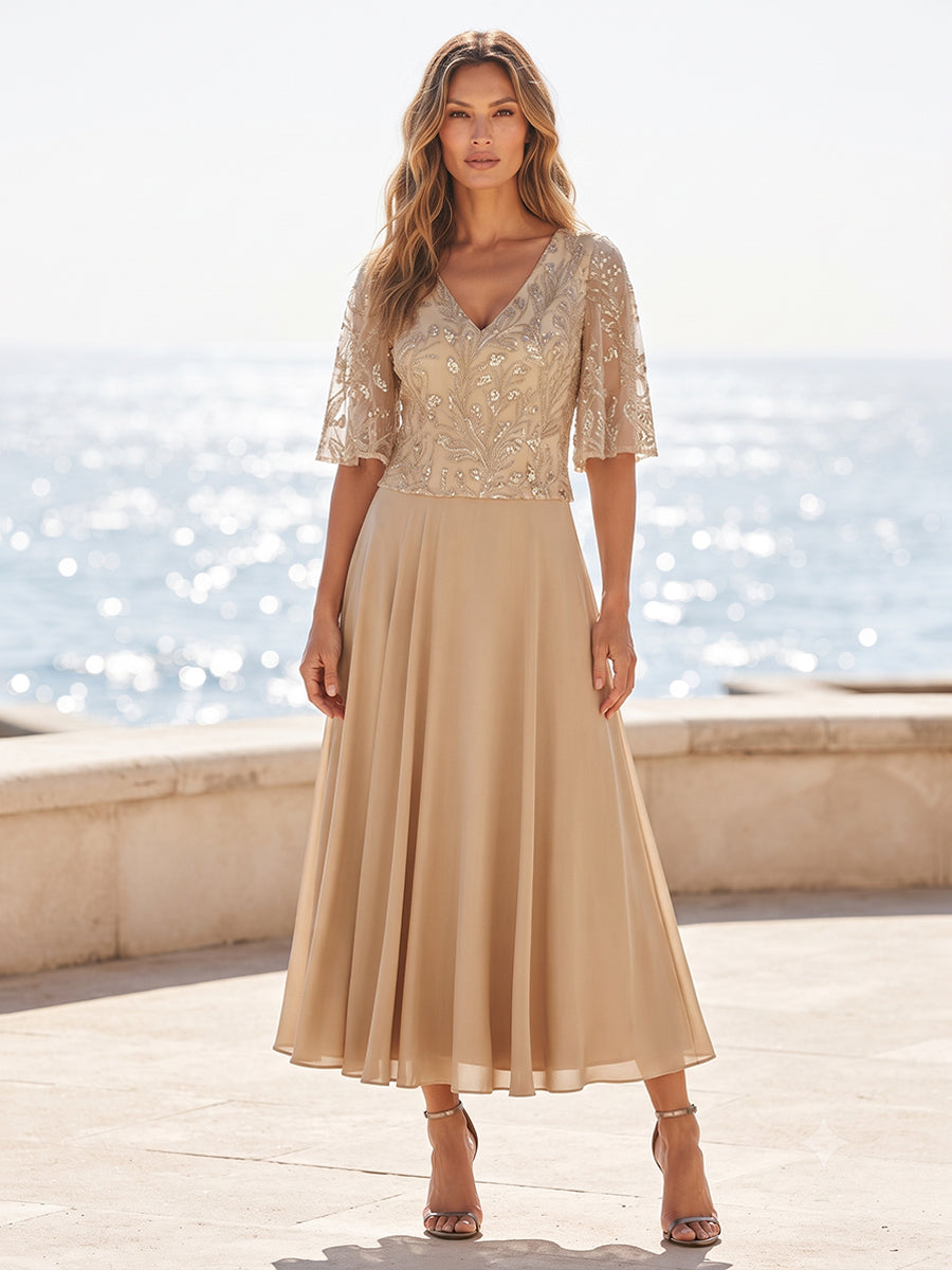 Chiffon A-Line/Princess V-Neck Tea-Length Mother of the Bride & Groom Dresses with Pleats
