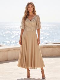 Chiffon A-Line/Princess V-Neck Tea-Length Mother of the Bride & Groom Dresses with Pleats