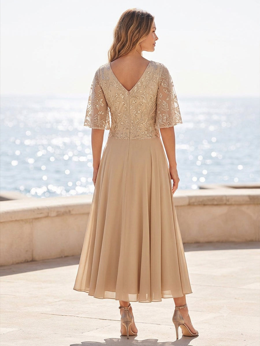 Chiffon A-Line/Princess V-Neck Tea-Length Mother of the Bride & Groom Dresses with Pleats