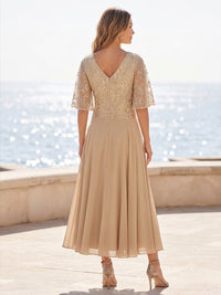 Chiffon A-Line/Princess V-Neck Tea-Length Mother of the Bride & Groom Dresses with Pleats