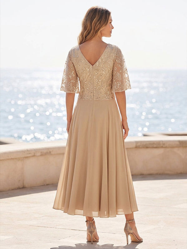 Chiffon A-Line/Princess V-Neck Tea-Length Mother of the Bride & Groom Dresses with Pleats
