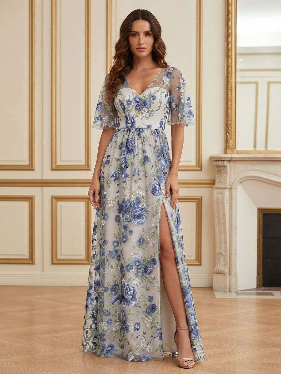 Lace Embroidery A-Line/Princess V-Neck Floor-Length Mother of the Bride & Groom Dresses with Slit