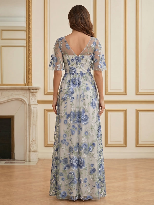 Lace Embroidery A-Line/Princess V-Neck Floor-Length Mother of the Bride & Groom Dresses with Slit