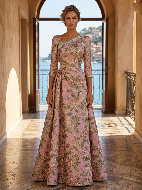 Jacquard A-Line/Princess Asymmetric Neck Floor-Length Mother of the Bride & Groom Dresses with Pleats