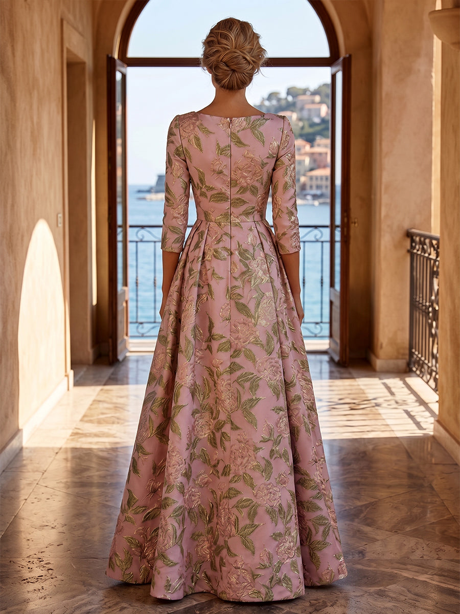 Jacquard A-Line/Princess Asymmetric Neck Floor-Length Mother of the Bride & Groom Dresses with Pleats