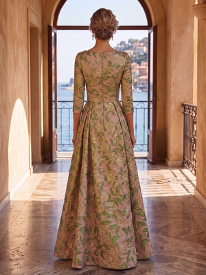 Jacquard A-Line/Princess Asymmetric Neck Floor-Length Mother of the Bride & Groom Dresses with Pleats
