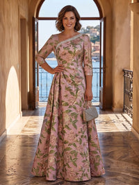 Jacquard A-Line/Princess Asymmetric Neck Floor-Length Mother of the Bride & Groom Dresses with Pleats