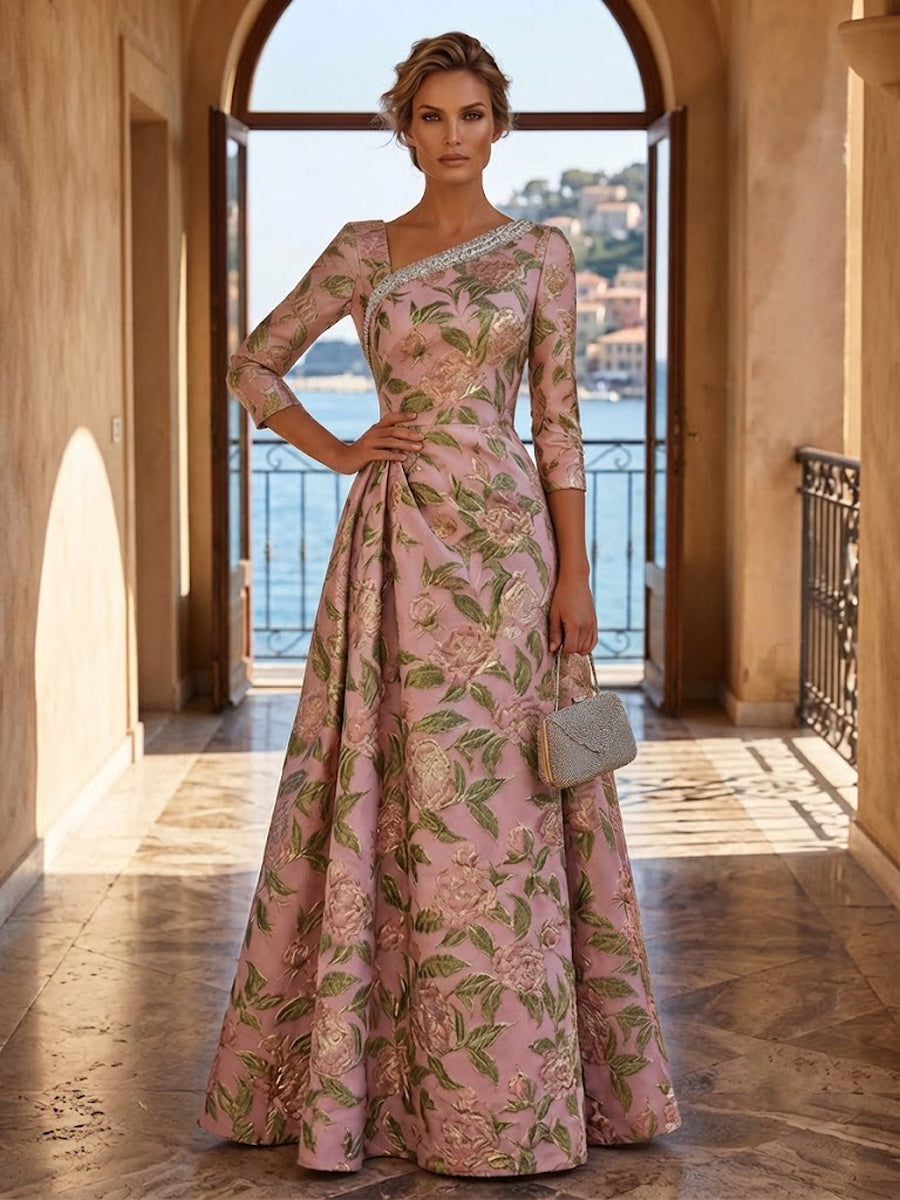 Jacquard A-Line/Princess Asymmetric Neck Floor-Length Mother of the Bride & Groom Dresses with Pleats