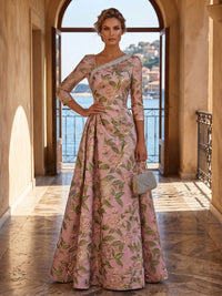 Jacquard A-Line/Princess Asymmetric Neck Floor-Length Mother of the Bride & Groom Dresses with Pleats