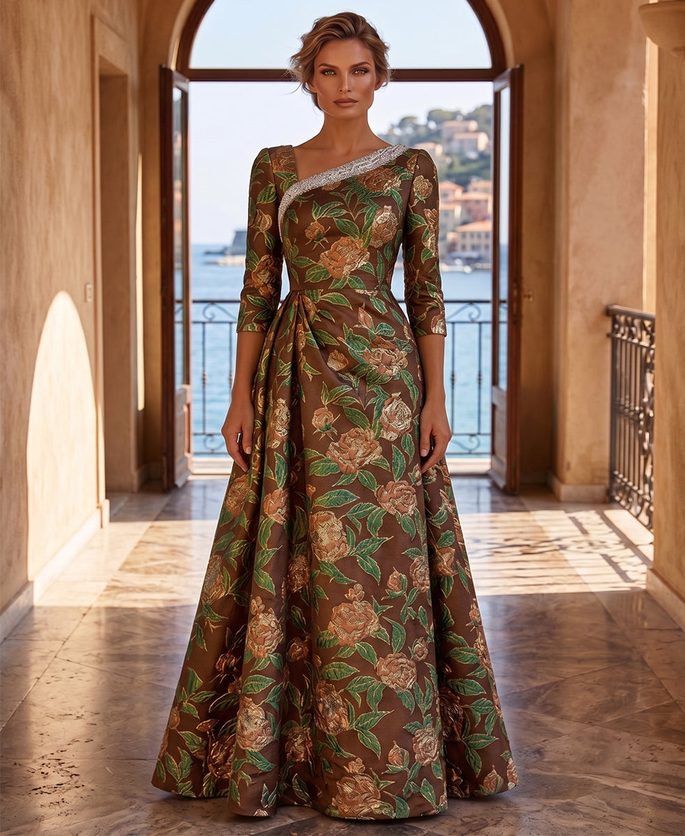 Jacquard A-Line/Princess Asymmetric Neck Floor-Length Mother of the Bride & Groom Dresses with Pleats